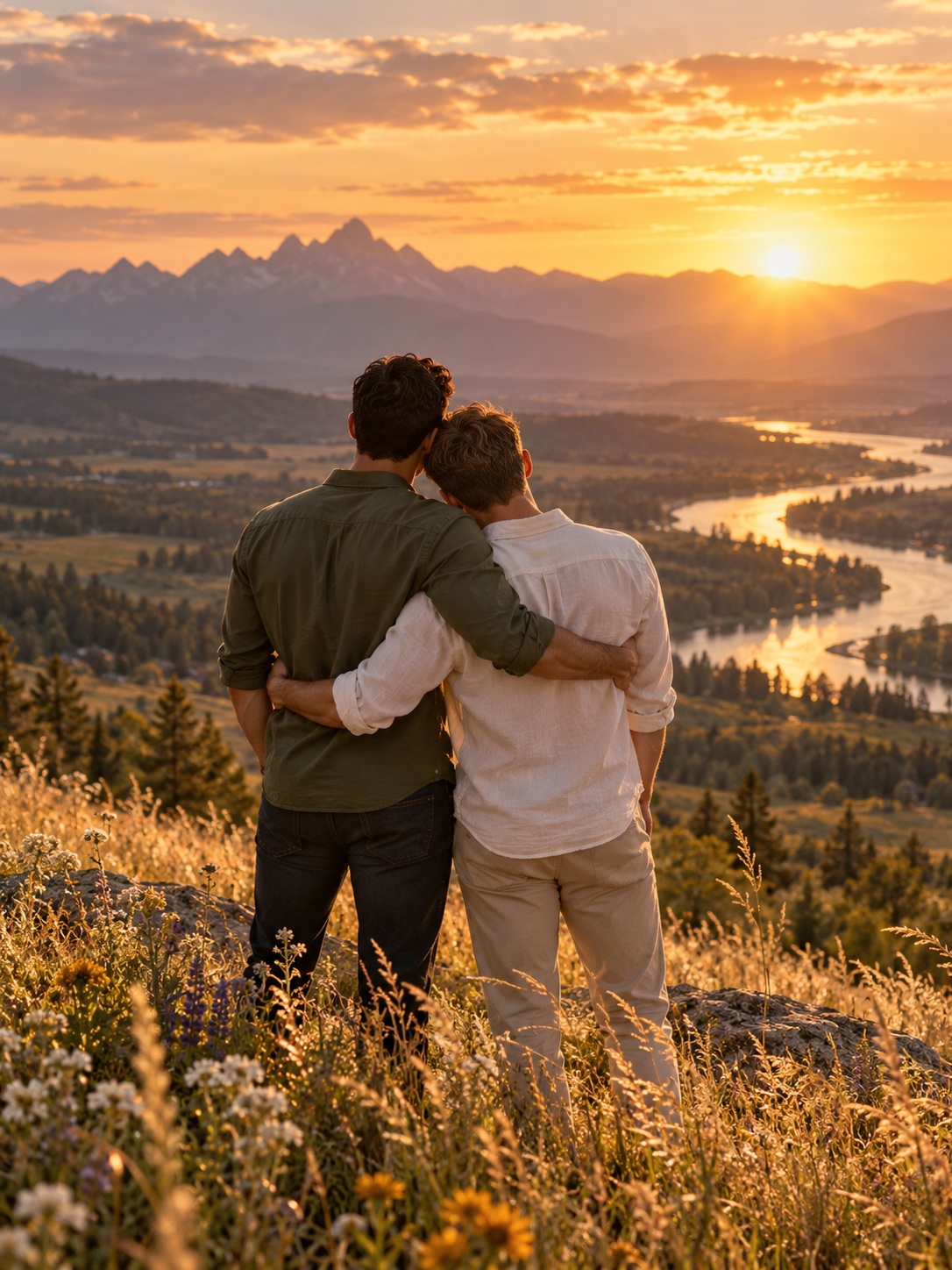 Couple overlooking a mountain valley at sunset